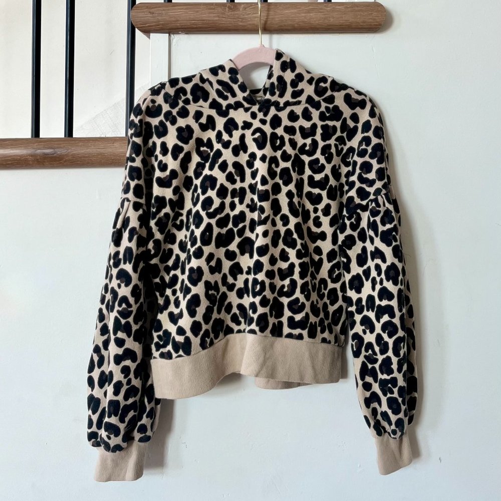 Nordstrom Girls Leopard Print Hooded Sweater | Size 7-8 | Puff Sleeve